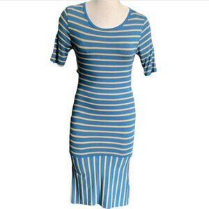 LulaRoe Julie Dress Sz S Blue Yellow Striped T-Shirt Sheath Dress 31F